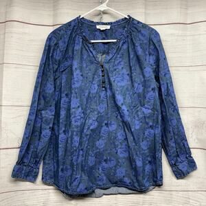 BeachLunchLounge Floral Button Down Blouse Blue Rose Print Women's Medium